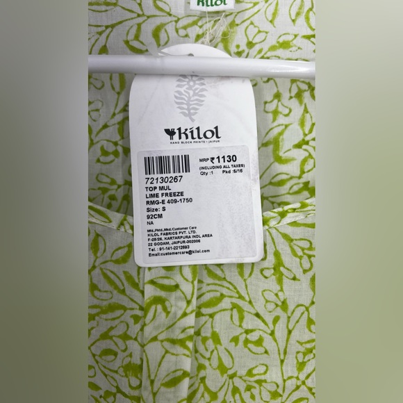 Kilol Tunic Top Hand Block Prints India Cotton 3/4 Sleeves Womens Lime Freeze - Picture 5 of 8